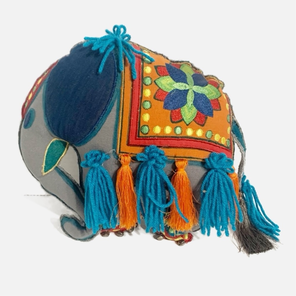 Unbranded Boho Embroidered Elephant Miniature Pillow with Tassels Bells 🩶💙🧡🐘